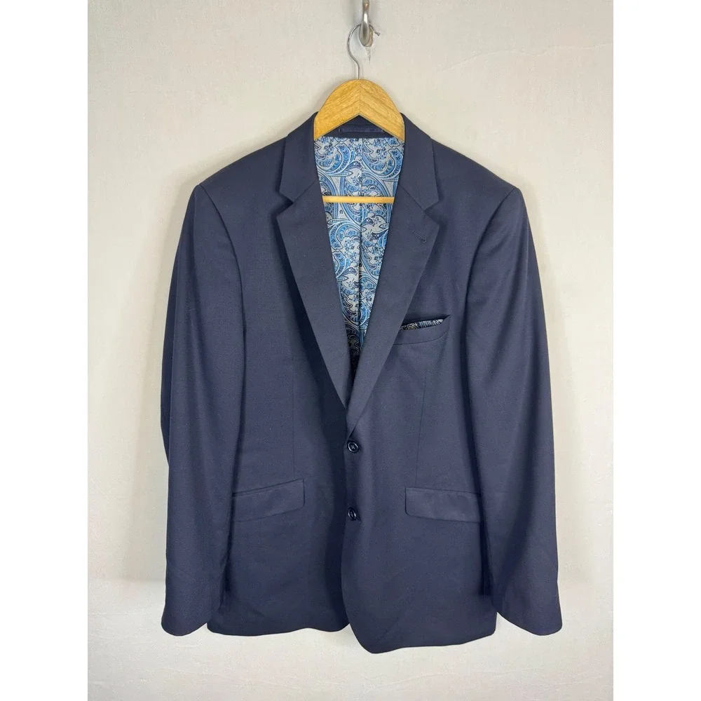 Horst Marzotto Navy Blue Stretch‎ Wool Blazer Paisley Lining Mens 46 Suit Jacket